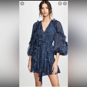 Ulla Johnson Blue Wrap Sundress with Puff Sleeves